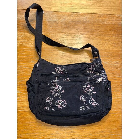 Black Floral Embroidered Shoulder Bag With Multiple Zipper Pockets & Adjustable - Picture 1 of 5